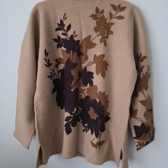 SUSAN BRISTOL | Beige Floral Cardigan JACKET Hand Embroidered 100% Wool Sz LARGE - Picture 2 of 6